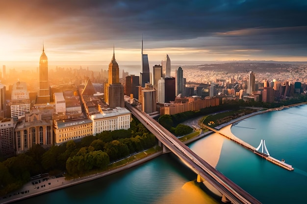 Un paesaggio urbano con un ponte ed edifici in primo piano