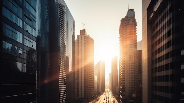 Un paesaggio urbano con un sole che tramonta dietro di esso