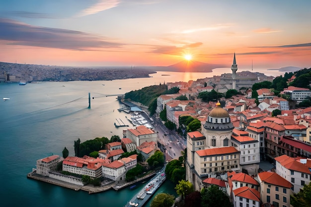 Un paesaggio urbano con un tramonto sullo sfondo