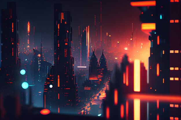 Un paesaggio urbano con una città al neon sullo sfondo.