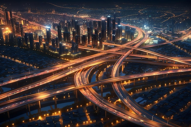 Un paesaggio urbano con una grande autostrada e un grande skyline della città di notte