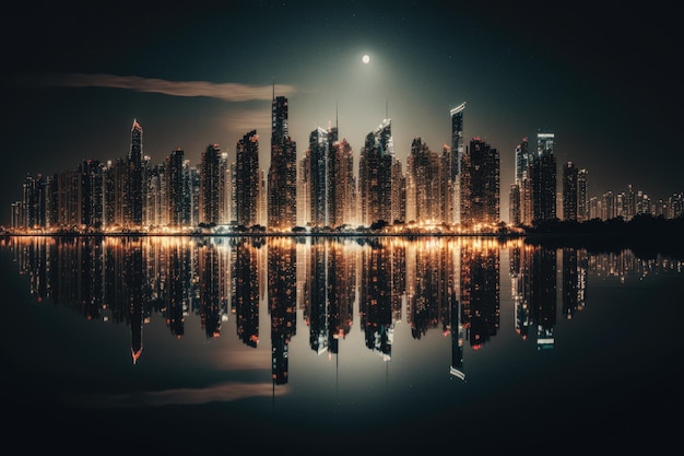 Un paesaggio urbano con una luna nel cielo