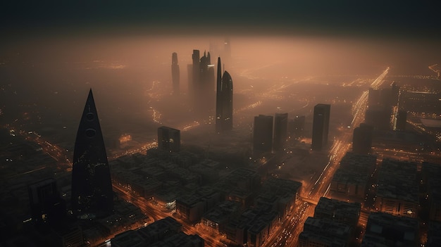 Un paesaggio urbano con una notte nebbiosa sullo sfondo