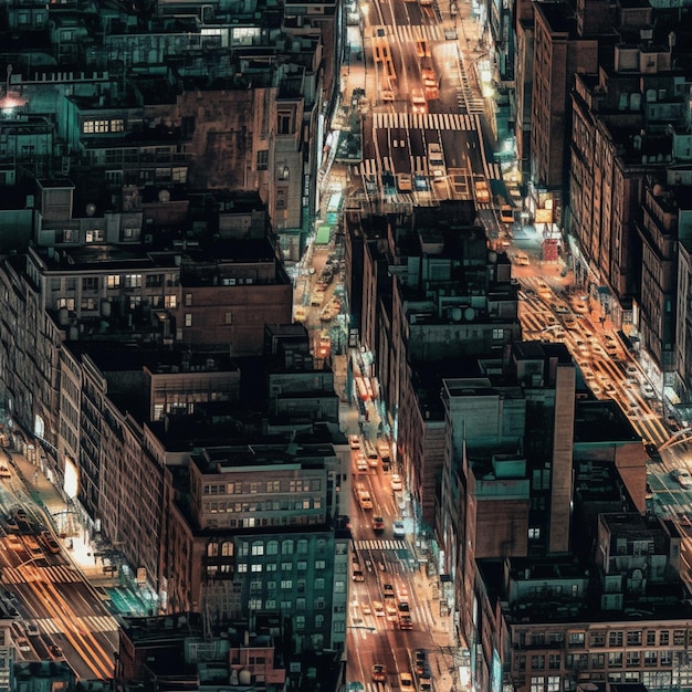 Un paesaggio urbano con una scena di strada e un edificio con molte luci.