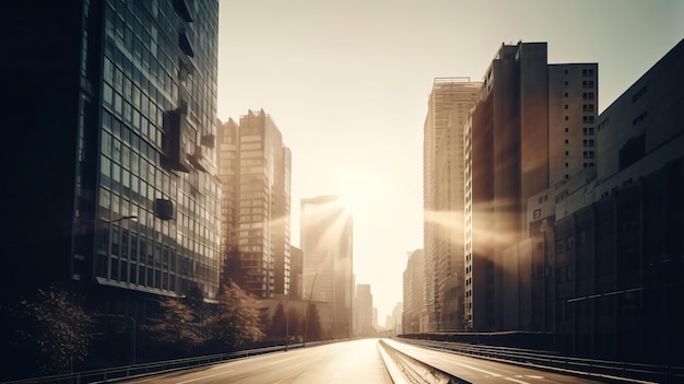 Un paesaggio urbano con una strada illuminata e illuminata dal sole.