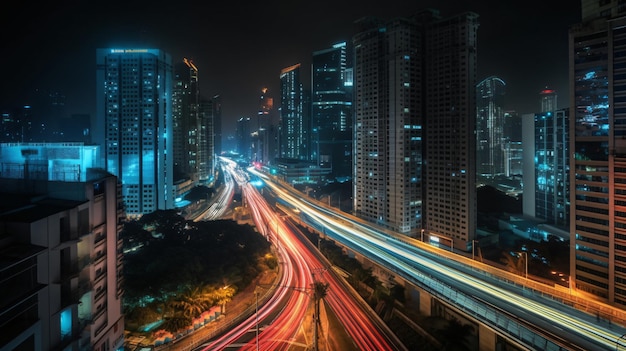 Un paesaggio urbano con una strada trafficata e luci