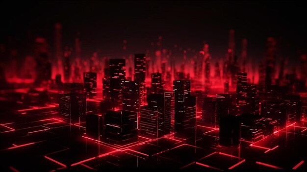 Un paesaggio urbano con uno sfondo digitale al neon a luce rossa
