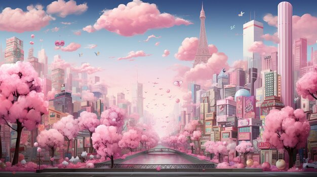 Un paesaggio urbano da sogno si sviluppa in un vivace paesaggio cittadino rosa che pulsa con lo spirito della moda e della poetica.