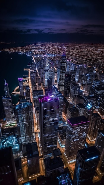 Un paesaggio urbano dall'alto di un grattacielo di notte.