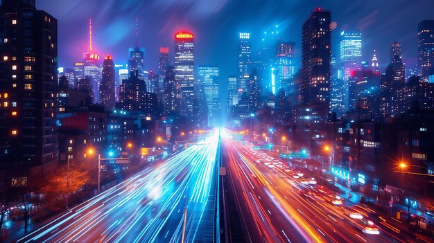 Un paesaggio urbano dinamico ed energico con strisce di luci di auto di notte AI generare illustrazione