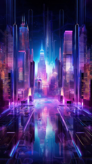 Un paesaggio urbano futuristico con grattacieli imponenti e vivaci luci al neon che illuminano il cielo notturno