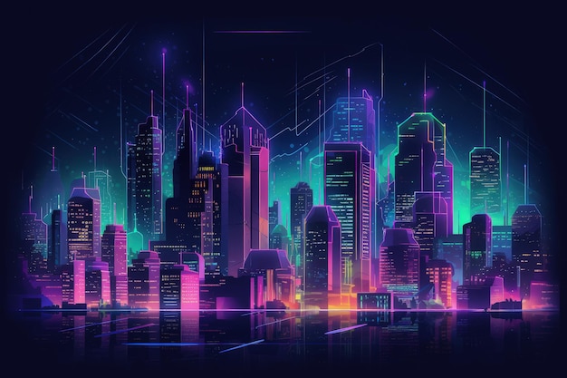 Un paesaggio urbano futuristico con luci al neon generative AI