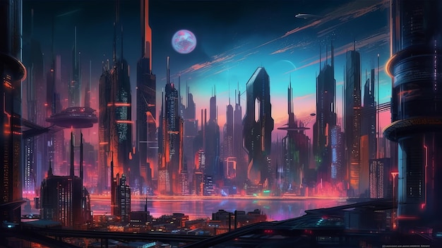 Un paesaggio urbano futuristico pieno di alti grattacieli generati dall'AI