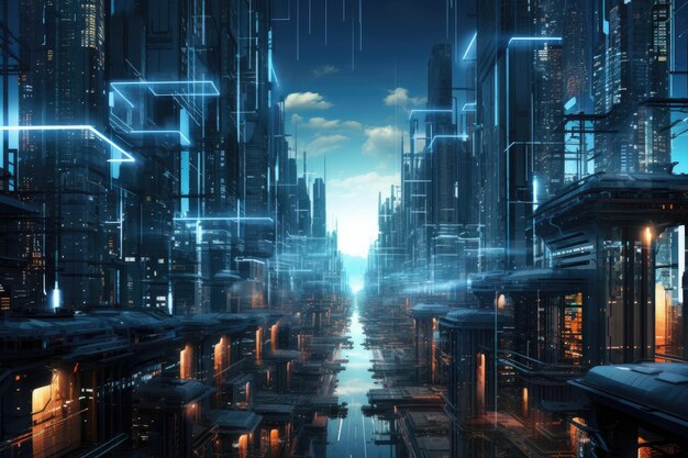 Un paesaggio urbano illuminato con architettura futuristica e vibranti luci al neon contro il cielo notturno Una vivida matrice di tecnoinfrastrutture che svaniscono in un crepuscolo cibernetico