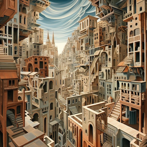 Un paesaggio urbano surreale che piega la mente, ispirato a Escher. Ai generativa