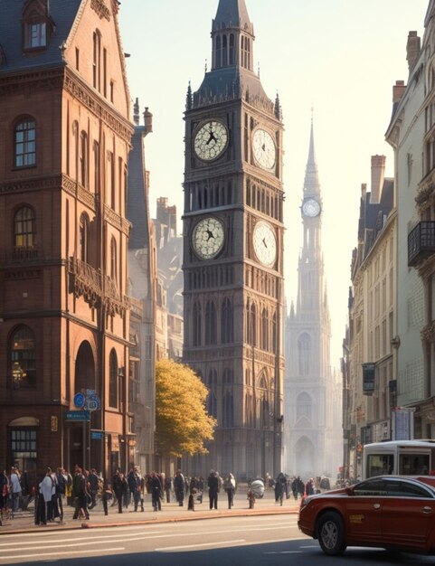 Un paesaggio urbano vivace con una grande torre dell'orologio al centro