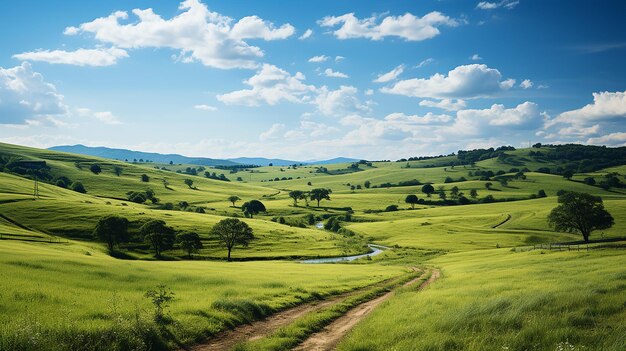 un paesaggio verde con un albero e nuvole sullo sfondo