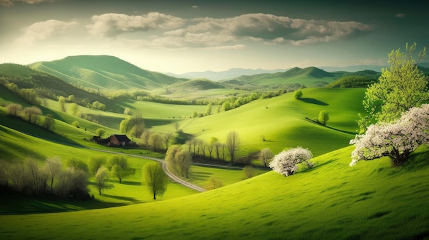 Un paesaggio verde con un albero in primo piano e montagne sullo sfondo.