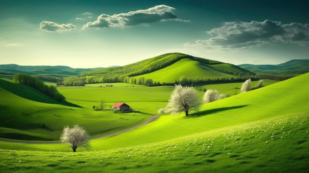 Un paesaggio verde con un albero in primo piano e montagne sullo sfondo