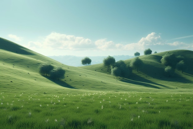 Un paesaggio verde con un campo di erba e montagne sullo sfondo.