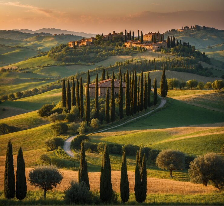 un paesaggio verde con una casa in cima