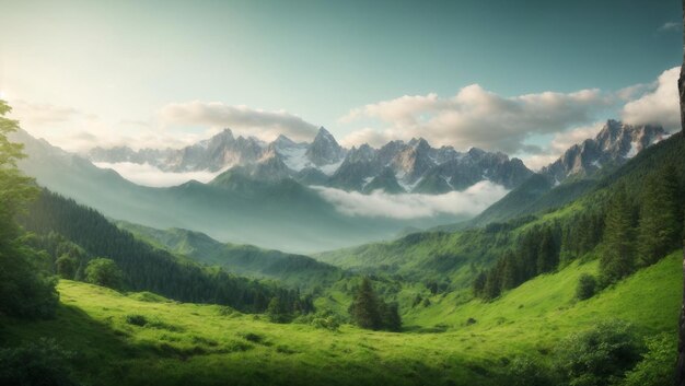 Un paesaggio verde e lussureggiante mostra la bellezza del paesaggio tranquillo della natura sotto il cielo mattutino