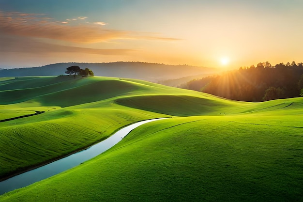 Un paesaggio verdeggiante con un fiume in primo piano e un tramonto sullo sfondo.