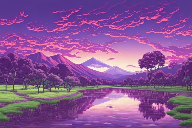 Un paesaggio viola con montagne e un lago con un cielo viola.