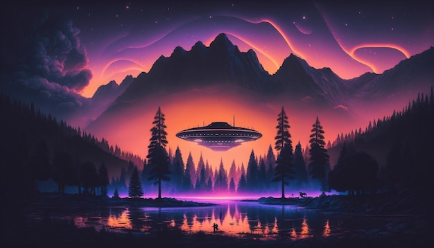 Un paesaggio viola con un ufo che sorvola un lago.