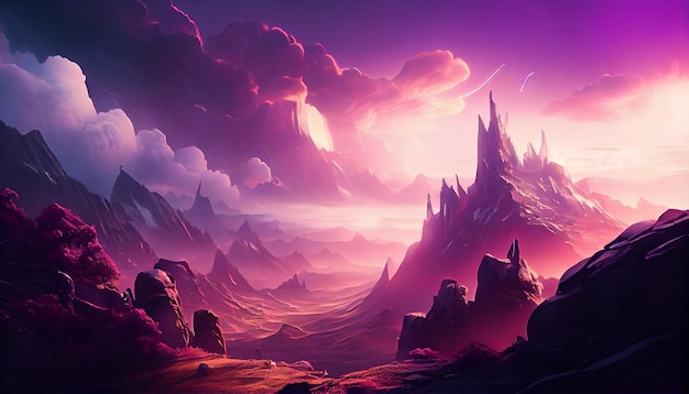 Un paesaggio viola con una montagna sullo sfondo