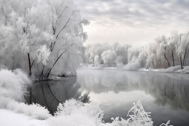 Un paese delle meraviglie invernale con un'atmosfera serena e pacifica La scena mostra un paesaggio invernale con alberi innevati e un lago ghiacciato Il cielo è dipinto in tonalità di azzurro e rosa IA generativa
