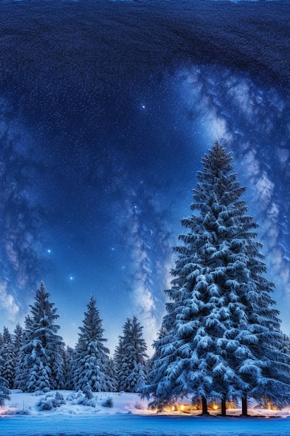 Un paese delle meraviglie invernali coperto di neve con un maestoso albero di Natale al centro circondato da twink