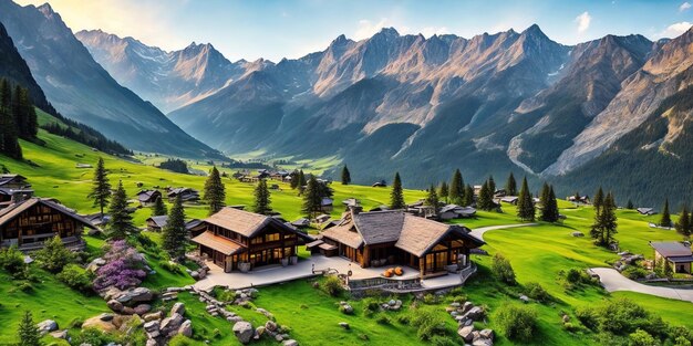 Un paesino di montagna con un prato verde e una montagna sullo sfondo