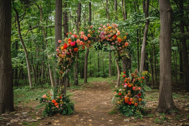 Un paio di archi coperti di fiori vivaci creano una scena colorata e sorprendente ambientazione magica del matrimonio in foresta con un capriccioso arco floreale AI generato