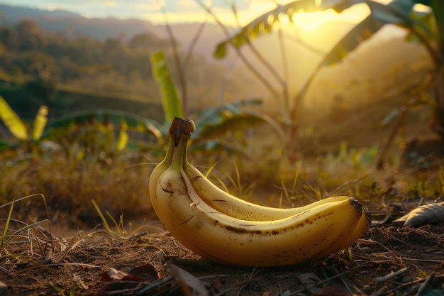 Un paio di banane mature sedute in cima a un campo lussureggiante che si abbronzano al sole tropicale I frutti gialli contrastano splendidamente con il verde circostante