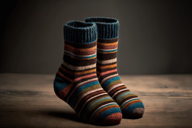 Un paio di calzini caldi lavorati a maglia di lana a strisce su sfondo scuro