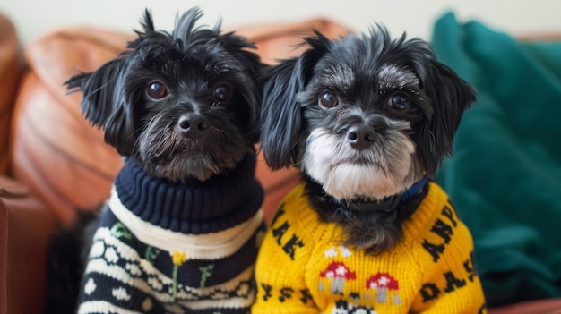 Un paio di cani carini con occhi espressivi vestiti con maglioni accoglienti sono seduti in casa su una pelle