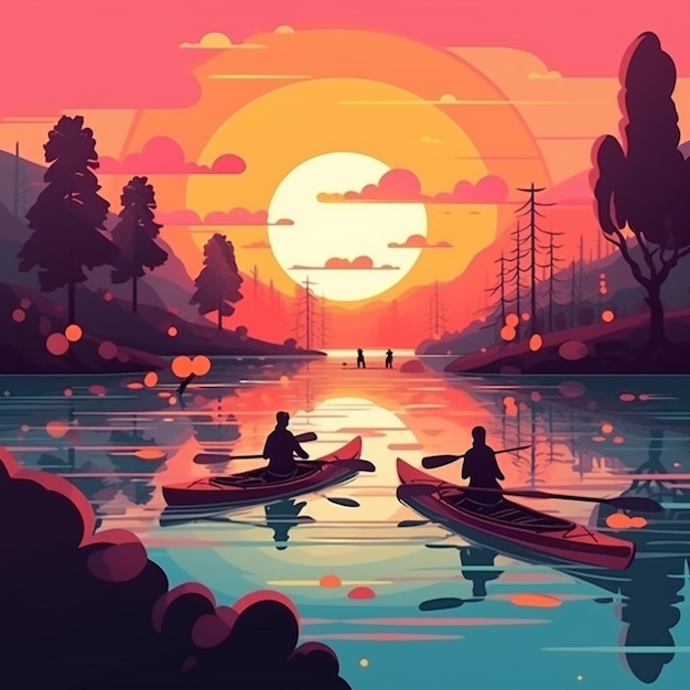 Un paio di canoe su un lago con un tramonto sullo sfondo.