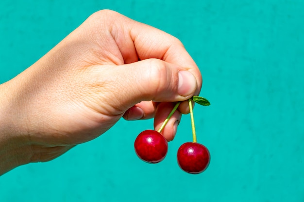 Un paio di ciliegie rosse succose in una mano