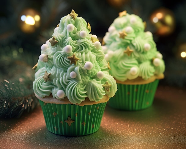 Un paio di cupcake decorati come un albero con glassa verde immagine natalizia illustrazione fotorealista