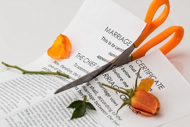 Un paio di forbici sono adagiate sopra un pezzo di carta con sopra le parole matrimonio e il capo.