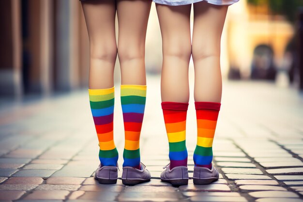 un paio di gambe con calzini arcobaleno