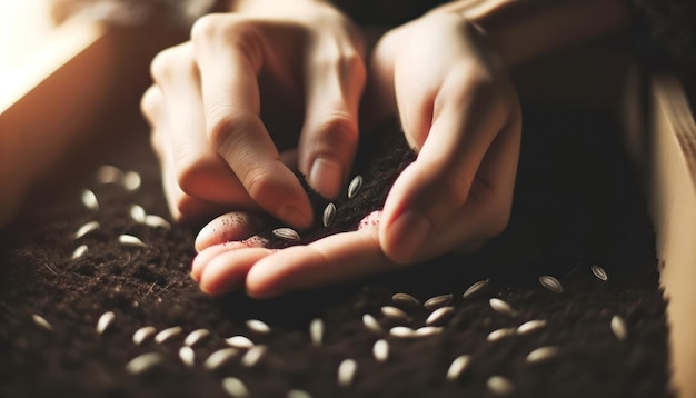 Un paio di mani che nutrono in una foto in primo piano che incorporano attentamente i semi nel terreno nutriente