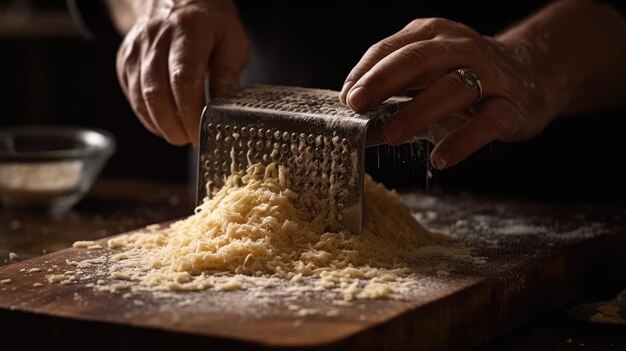 Un paio di mani gratta delicatamente un panetto di parmigiano stagionato