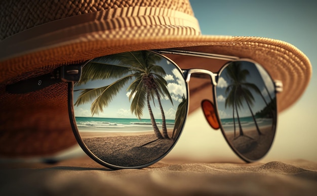 Un paio di occhiali da sole con sopra un cappello e una palma