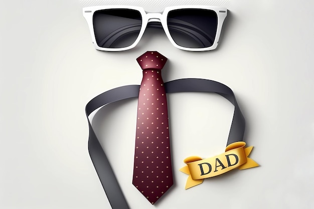 Un paio di occhiali da sole e una cravatta con un nastro giallo con scritto papà.