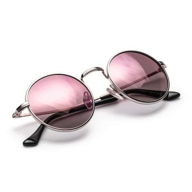 Un paio di occhiali da sole rosa con fascia argento e lenti rosa.
