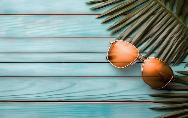 Un paio di occhiali da sole su un tavolo di legno blu con foglie di palma.