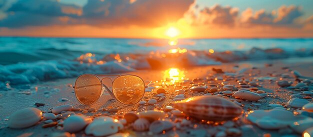 un paio di occhiali sulla spiaggia con il sole che tramonta dietro di loro