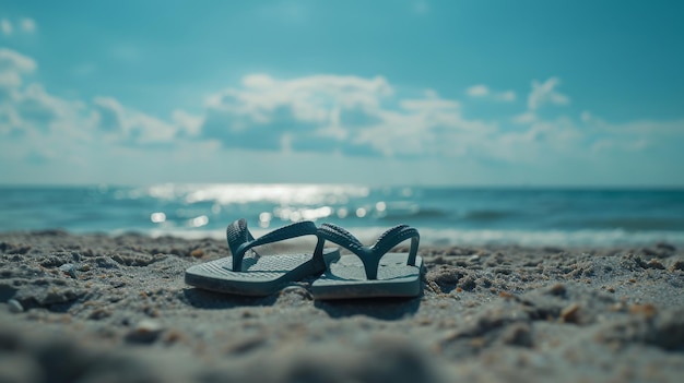 Un paio di pantofole che si riposano sulla spiaggia sabbiosa